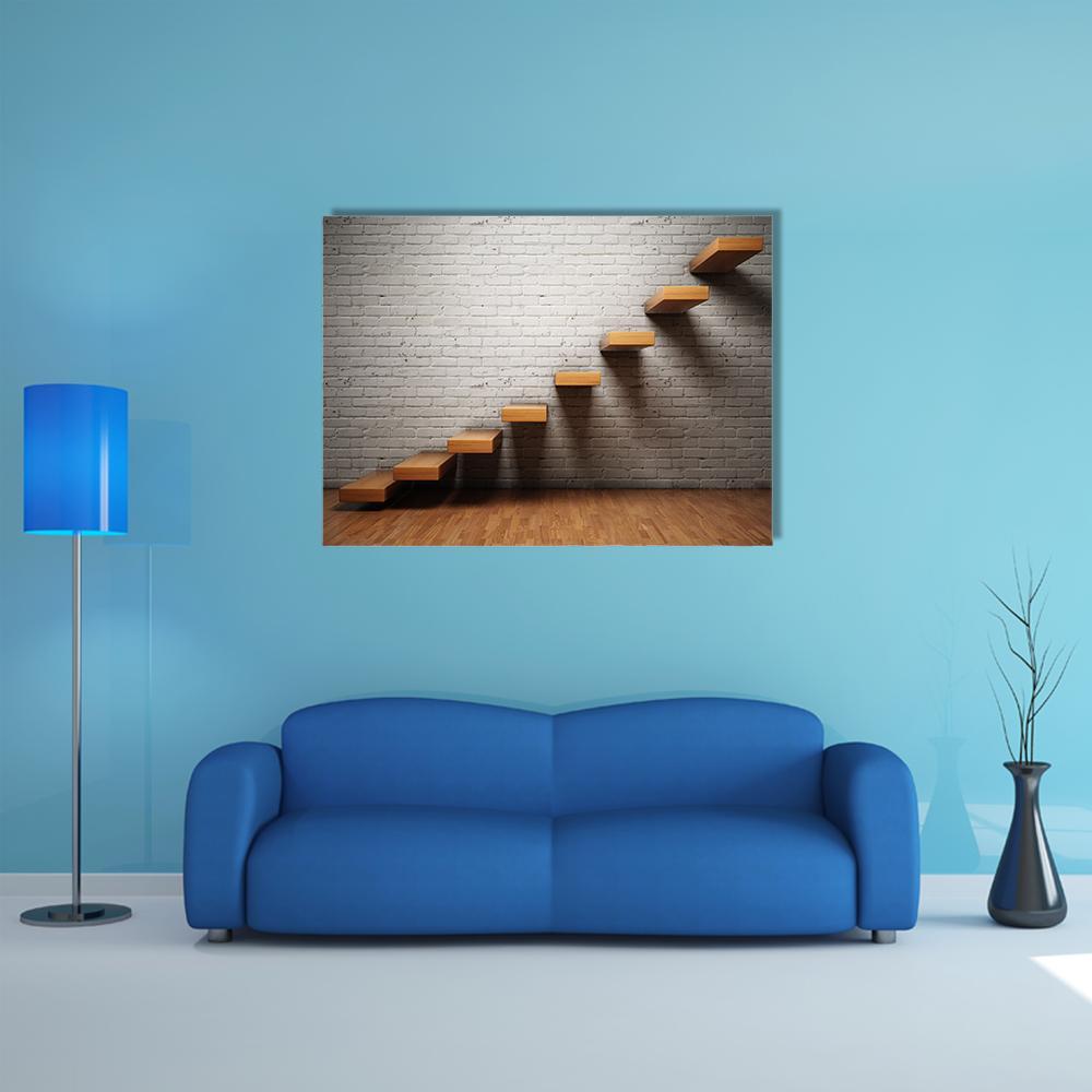 Floating Wooden Stairs on Brick Canvas Wall Art in white, gray and brown, single panel hung on a wall