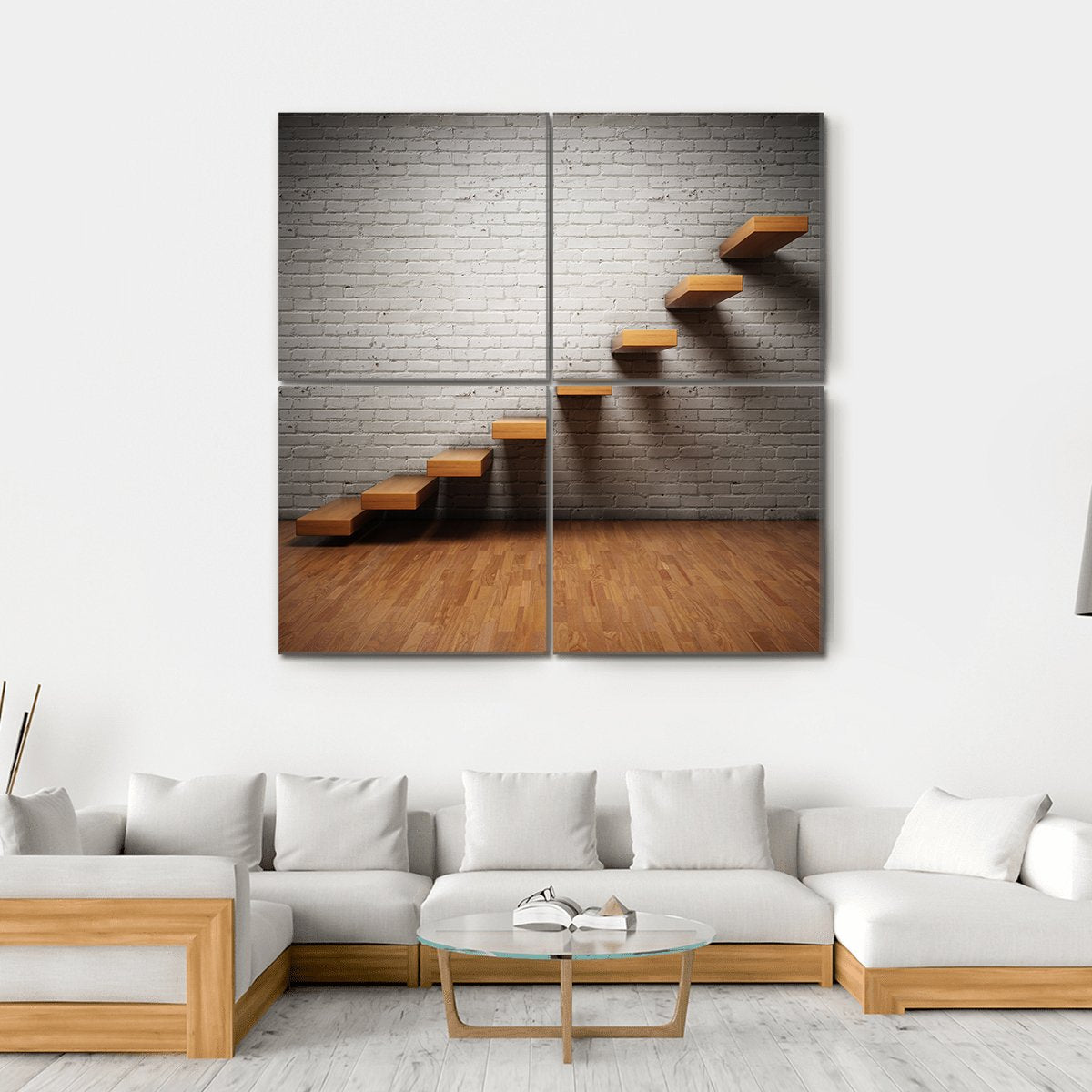 Stairs On Brick Wall Canvas Wall Art-4 Square-Gallery Wrap-17" x 17"-Tiaracle