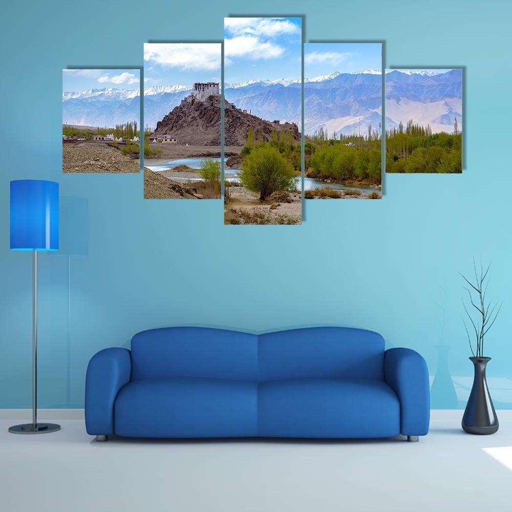 Stakna Monastery in Leh-ladakh Canvas Wall Art in white, brown and blue, 5 panel Star layout hung on a wall