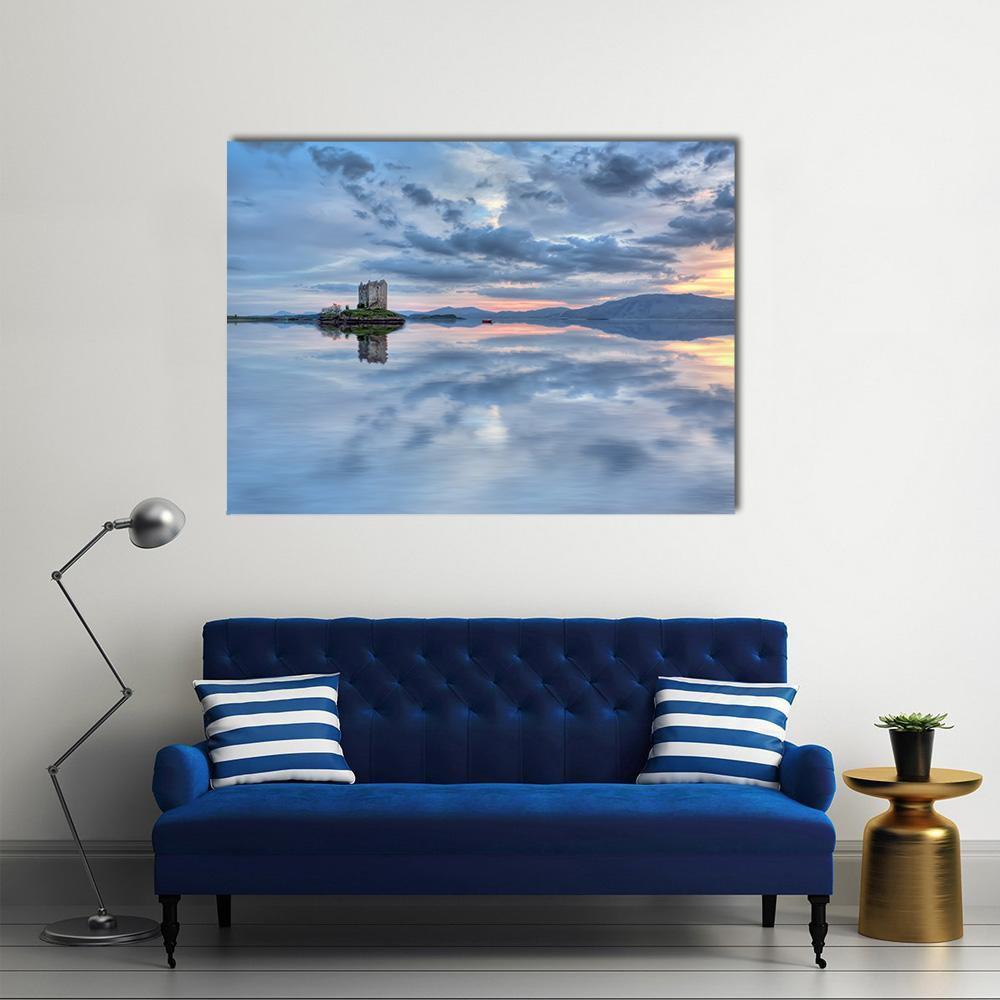 Stalker Castle in Scotland Canvas Wall Art in gray and blue, single panel hung on a wall