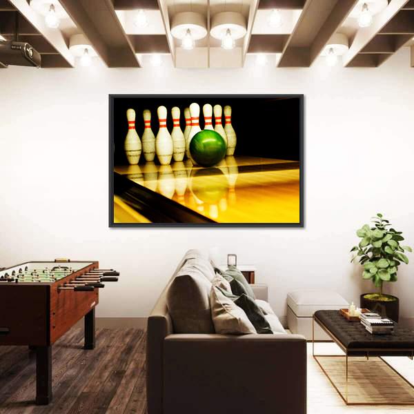 Standing Bowing Pins And Bowl Canvas Wall Art-3 Horizontal-Gallery Wrap-25&quot; x 16&quot;-Tiaracle