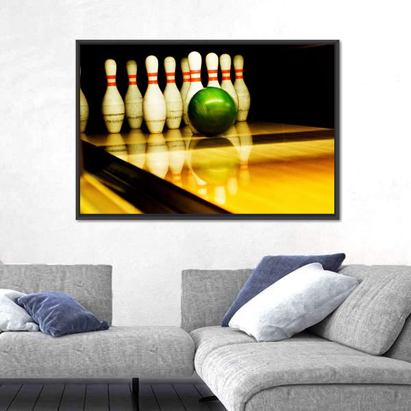 Standing Bowing Pins And Bowl Canvas Wall Art-3 Horizontal-Gallery Wrap-25&quot; x 16&quot;-Tiaracle