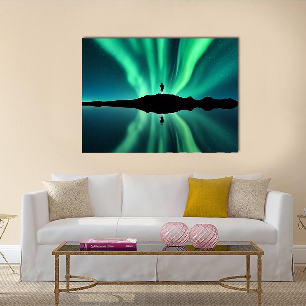 Standing Man Against Aurora Borealis Canvas Wall Art-1 Piece-Gallery Wrap-48" x 32"-Tiaracle