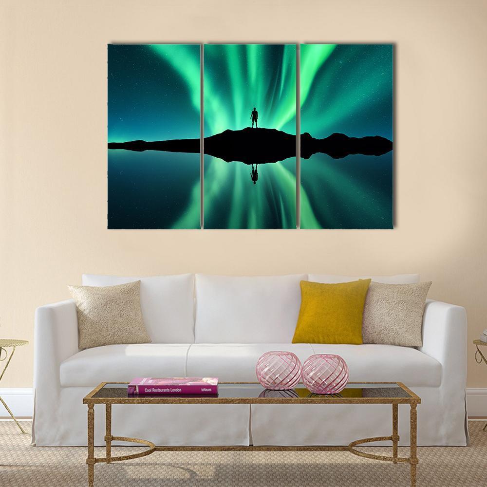 Standing Man Against Aurora Borealis Canvas Wall Art-3 Horizontal-Gallery Wrap-37" x 24"-Tiaracle