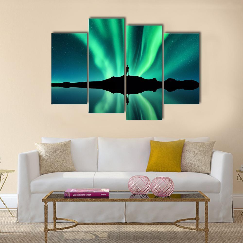 Standing Man Against Aurora Borealis Canvas Wall Art-4 Pop-Gallery Wrap-50" x 32"-Tiaracle