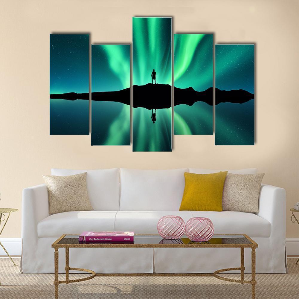 Standing Man Against Aurora Borealis Canvas Wall Art-5 Pop-Gallery Wrap-47" x 32"-Tiaracle