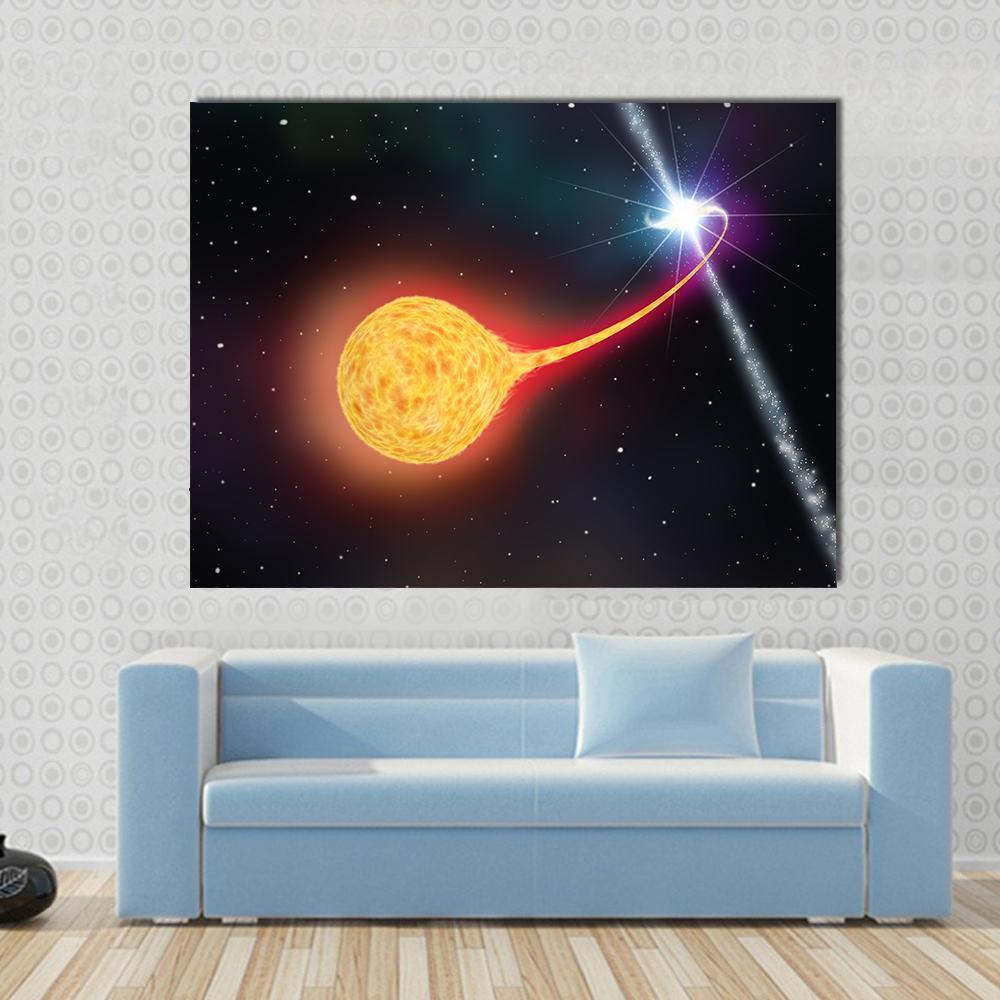 Star Absorption by a Black Hole Pulsar Canvas Wall Art in black, orange and yellow, single panel hung on a wall