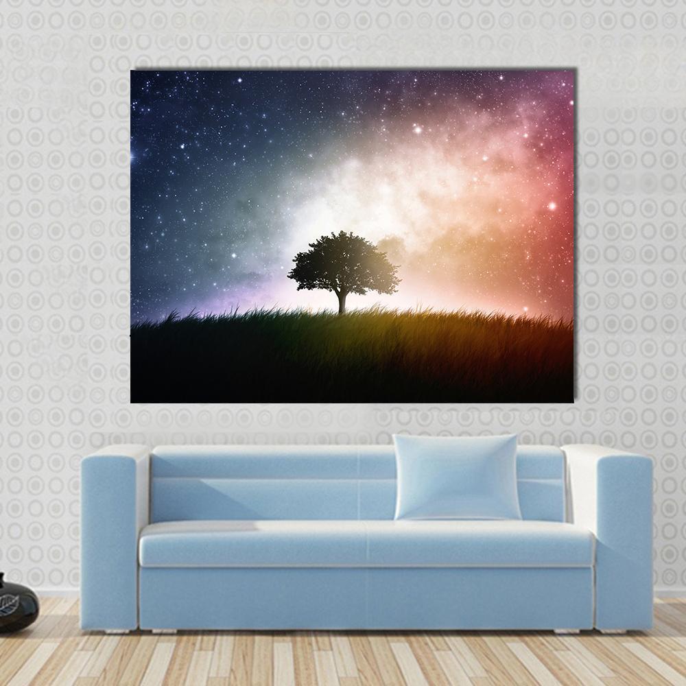 Star and Galaxies Behind the Tree Canvas Wall Art in orange, blue and purple, single panel hung on a wall