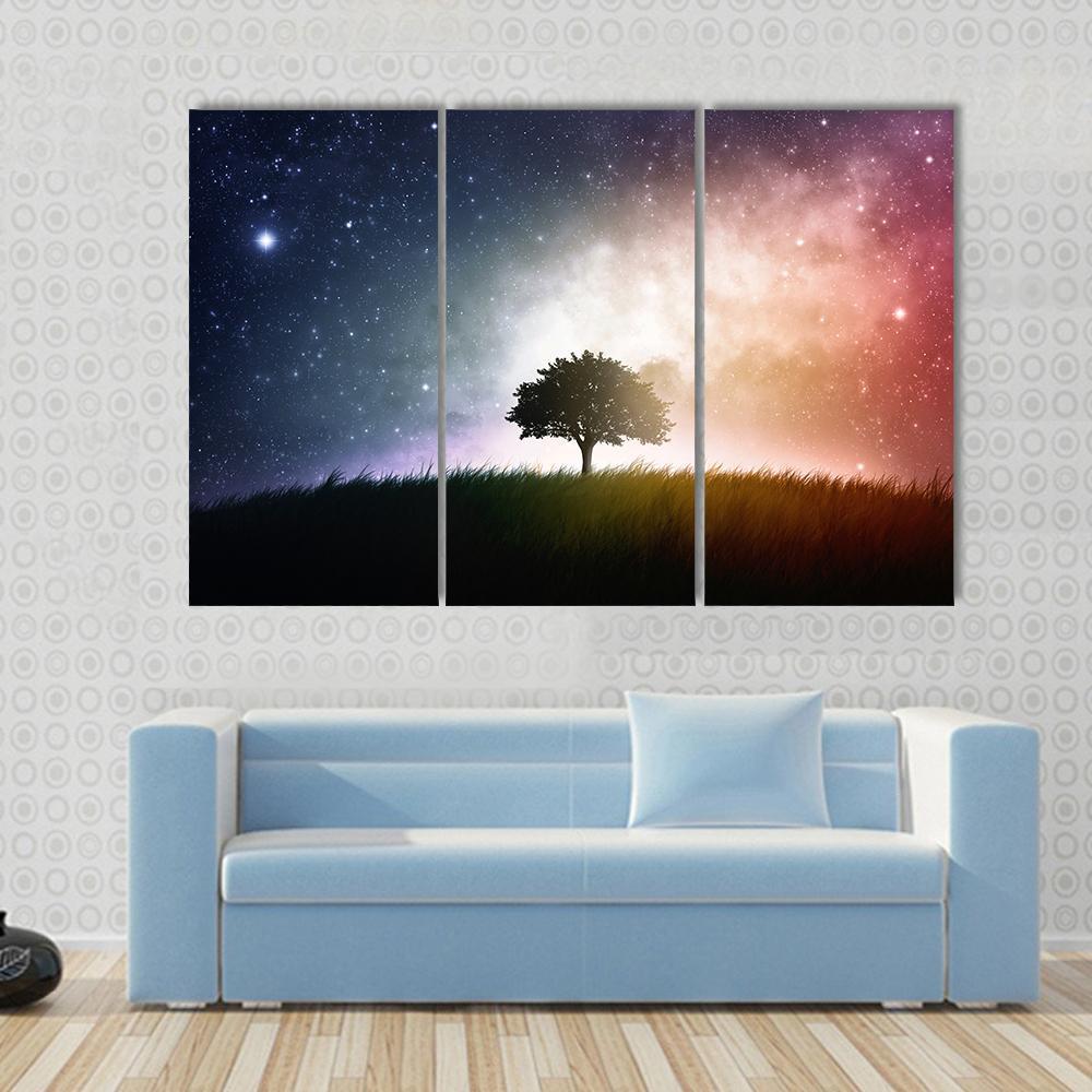 Star And Galaxies Behind The Tree Canvas Wall Art-3 Horizontal-Gallery Wrap-37&quot; x 24&quot;-Tiaracle