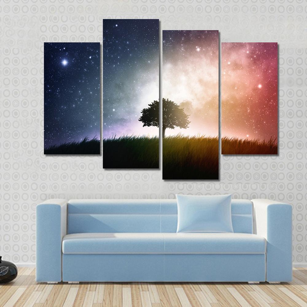 Star And Galaxies Behind The Tree Canvas Wall Art-4 Pop-Gallery Wrap-50" x 32"-Tiaracle