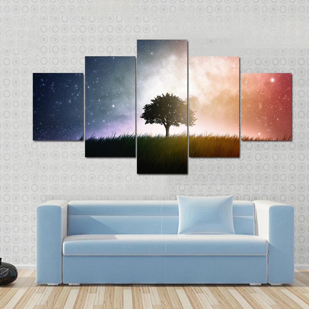 Star And Galaxies Behind The Tree Canvas Wall Art-5 Star-Gallery Wrap-62" x 32"-Tiaracle
