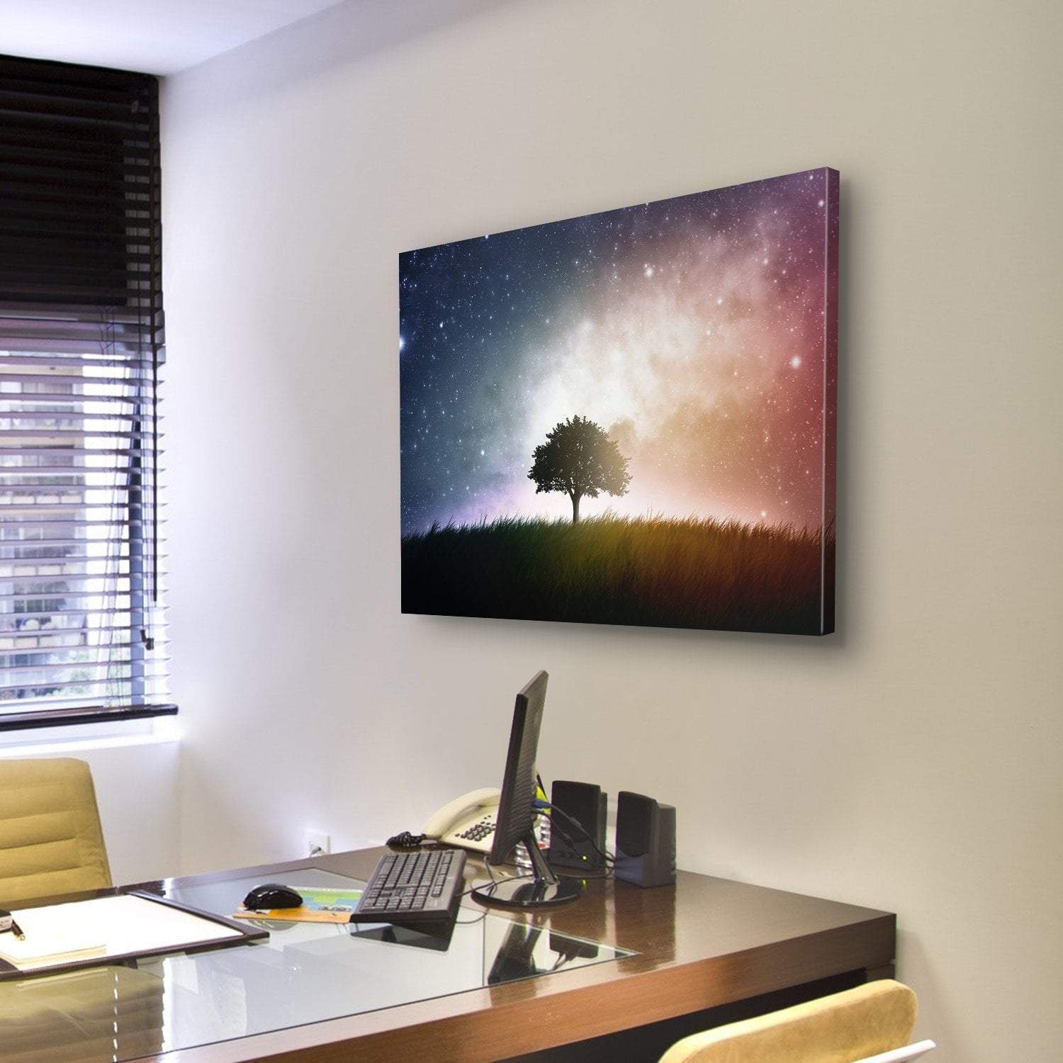 Star And Galaxies Behind The Tree Canvas Wall Art-3 Horizontal-Gallery Wrap-25" x 16"-Tiaracle
