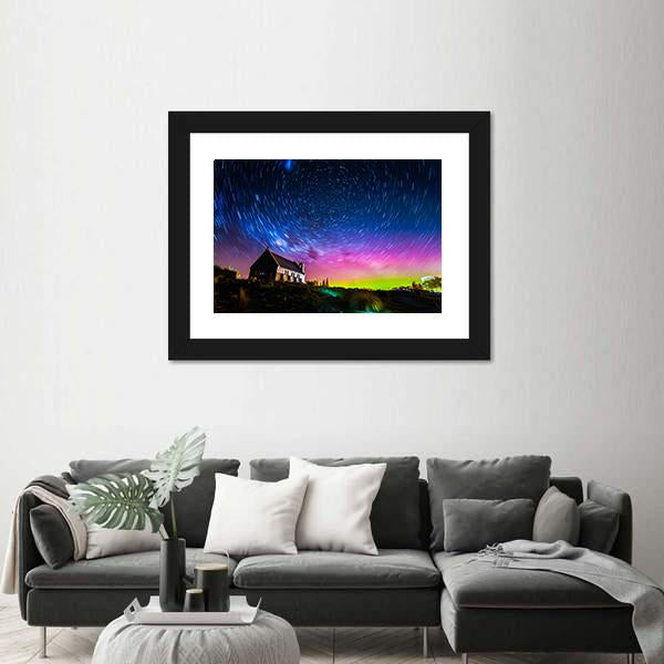 Star Trails And Aurora Light At Church Of Good Shepherd Canvas Wall Art-3 Horizontal-Gallery Wrap-25" x 16"-Tiaracle