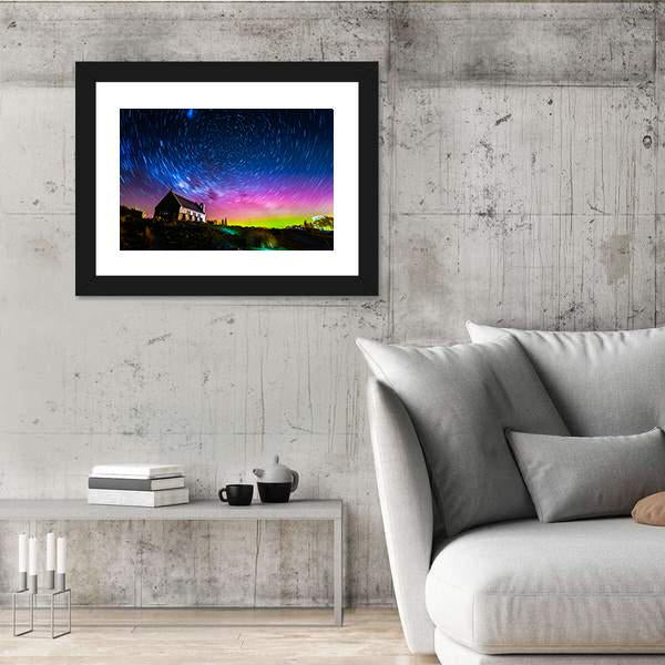 Star Trails And Aurora Light At Church Of Good Shepherd Canvas Wall Art-3 Horizontal-Gallery Wrap-25" x 16"-Tiaracle