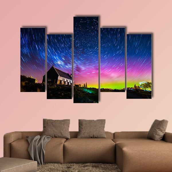 Star Trails And Aurora Light At Church Of Good Shepherd Canvas Wall Art-5 Pop-Gallery Wrap-47" x 32"-Tiaracle