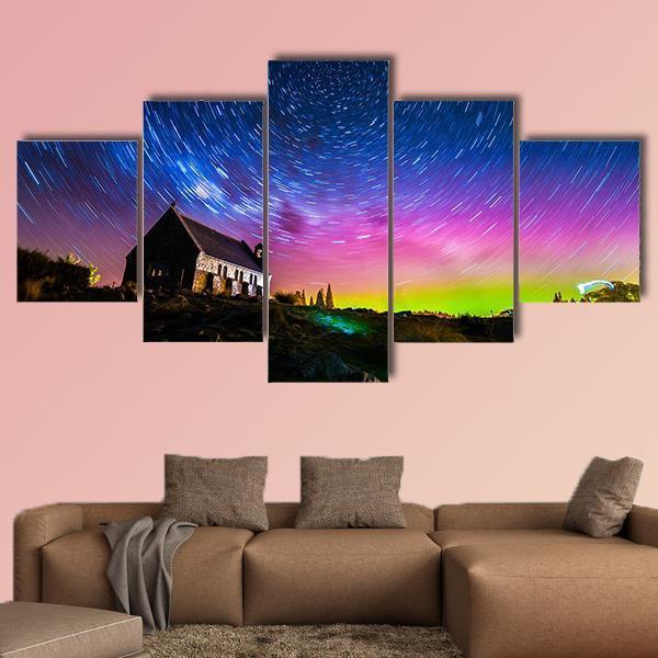 Star Trails And Aurora Light At Church Of Good Shepherd Canvas Wall Art-5 Star-Gallery Wrap-62" x 32"-Tiaracle