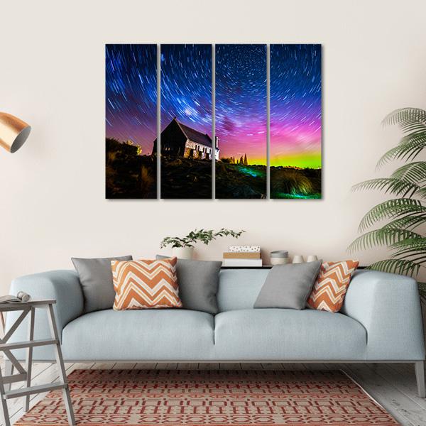 Star Trails And Aurora Light At Church Of Good Shepherd Canvas Wall Art-4 Horizontal-Gallery Wrap-34" x 24"-Tiaracle