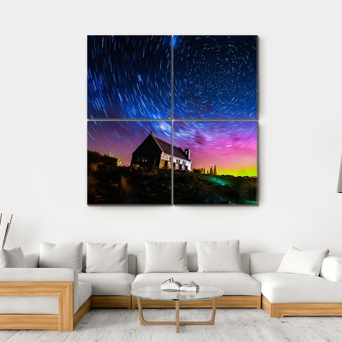 Star Trails And Aurora Light At Church Of Good Shepherd Canvas Wall Art-4 Square-Gallery Wrap-17" x 17"-Tiaracle