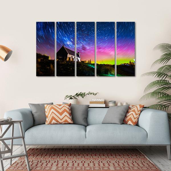 Star Trails And Aurora Light At Church Of Good Shepherd Canvas Wall Art-5 Horizontal-Gallery Wrap-22" x 12"-Tiaracle