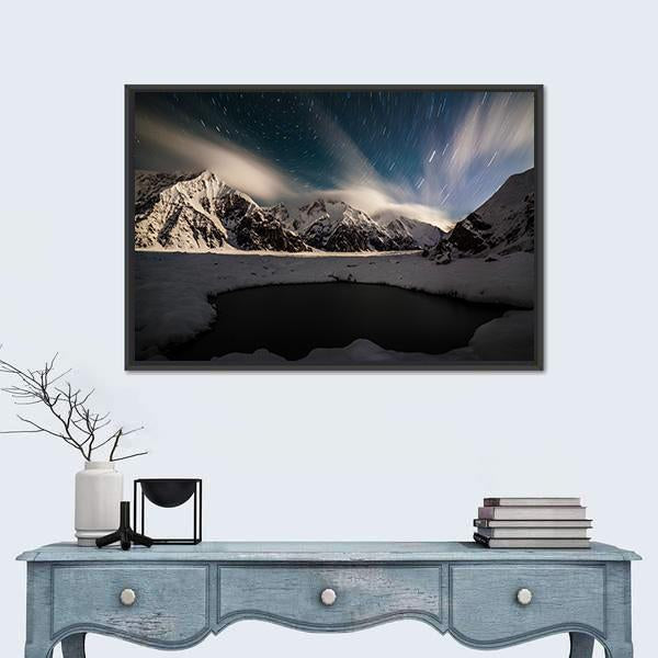 Star Trails And Small Lake with Snow Peaks Canvas Wall Art-1 Piece-Floating Frame-24" x 16"-Tiaracle
