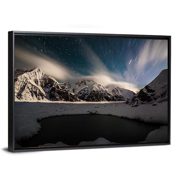 Star Trails And Small Lake with Snow Peaks Canvas Wall Art-3 Horizontal-Gallery Wrap-25" x 16"-Tiaracle
