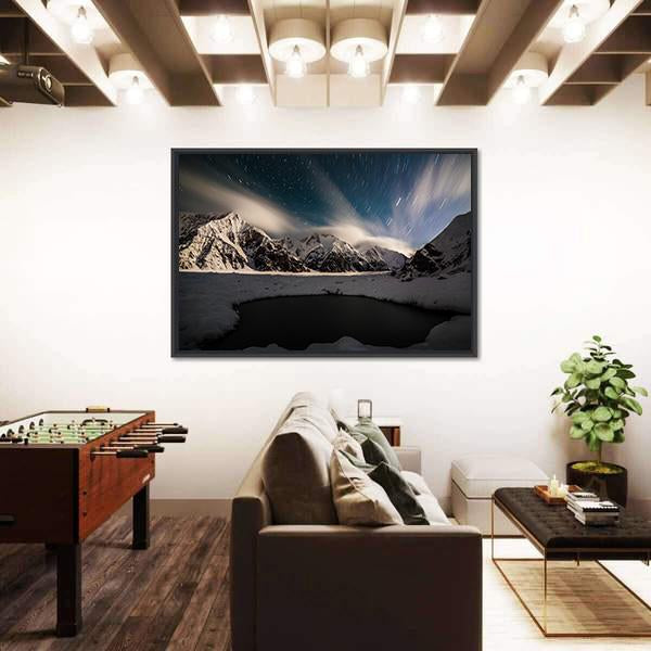 Star Trails And Small Lake with Snow Peaks Canvas Wall Art-3 Horizontal-Gallery Wrap-25" x 16"-Tiaracle