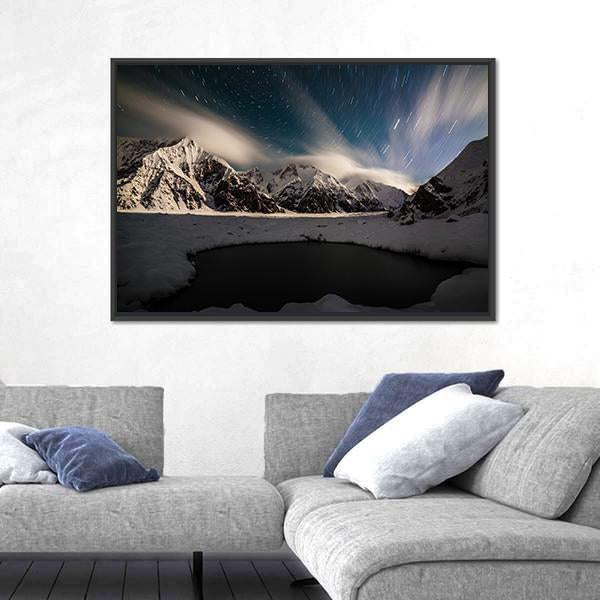 Star Trails And Small Lake with Snow Peaks Canvas Wall Art-3 Horizontal-Gallery Wrap-25" x 16"-Tiaracle