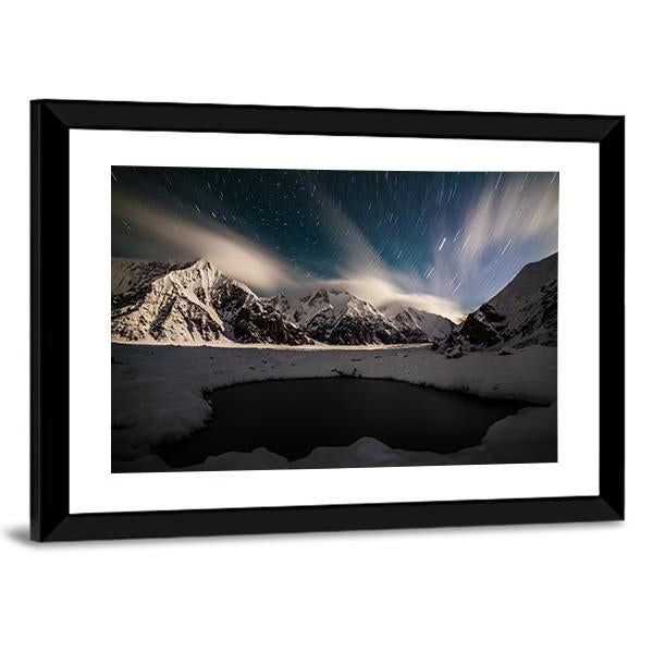 Star Trails And Small Lake with Snow Peaks Canvas Wall Art-3 Horizontal-Gallery Wrap-25" x 16"-Tiaracle