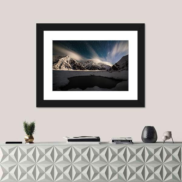 Star Trails And Small Lake with Snow Peaks Canvas Wall Art-1 Piece-Framed Print-20" x 16"-Tiaracle