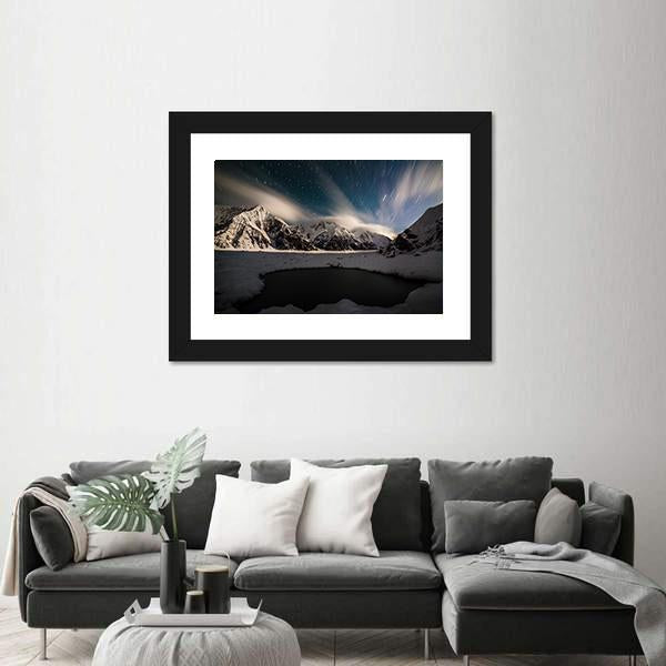 Star Trails And Small Lake with Snow Peaks Canvas Wall Art-3 Horizontal-Gallery Wrap-25" x 16"-Tiaracle