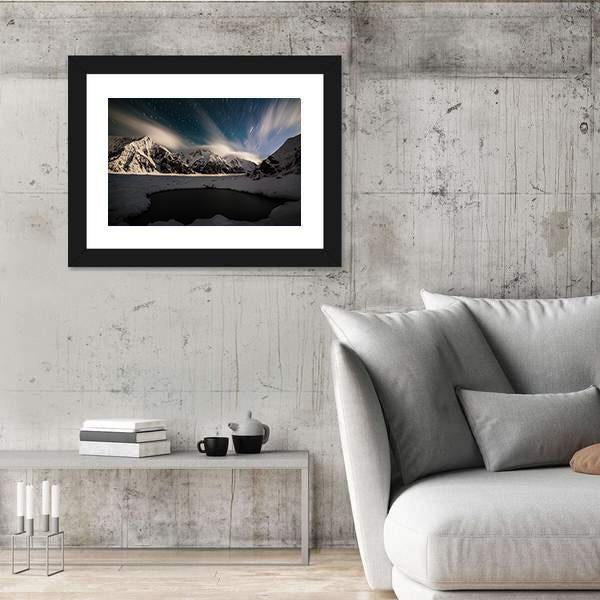 Star Trails And Small Lake with Snow Peaks Canvas Wall Art-3 Horizontal-Gallery Wrap-25" x 16"-Tiaracle