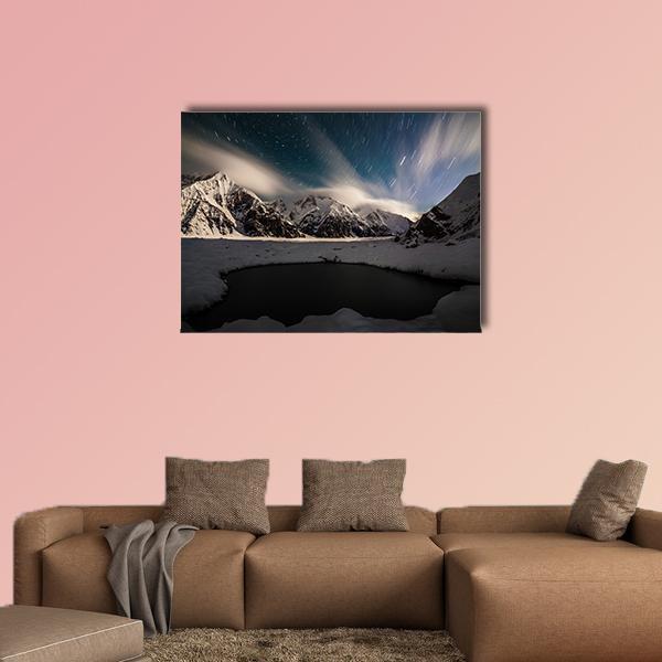 Star Trails And Small Lake with Snow Peaks Canvas Wall Art-1 Piece-Gallery Wrap-48" x 32"-Tiaracle