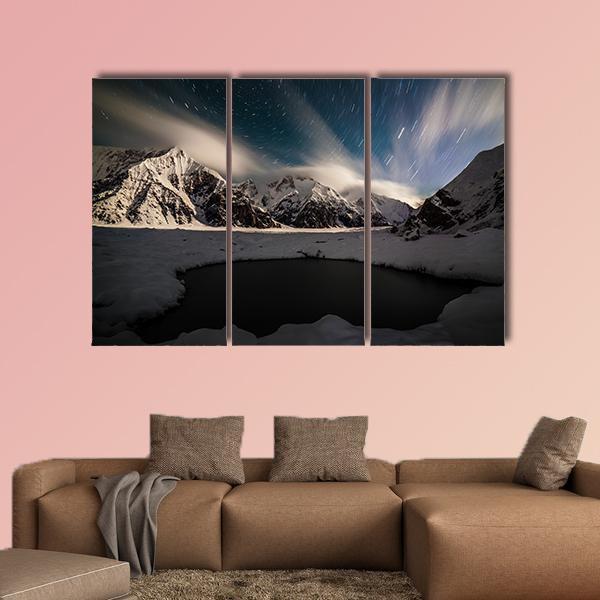 Star Trails And Small Lake with Snow Peaks Canvas Wall Art-3 Horizontal-Gallery Wrap-37" x 24"-Tiaracle