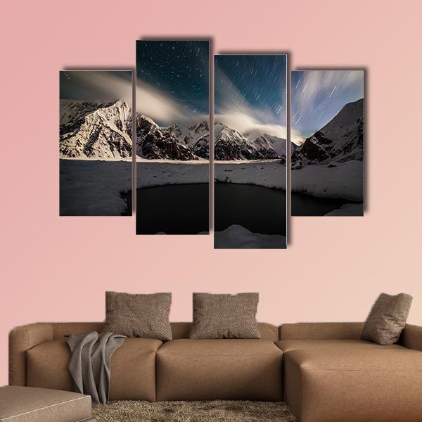Star Trails And Small Lake with Snow Peaks Canvas Wall Art-4 Pop-Gallery Wrap-50" x 32"-Tiaracle
