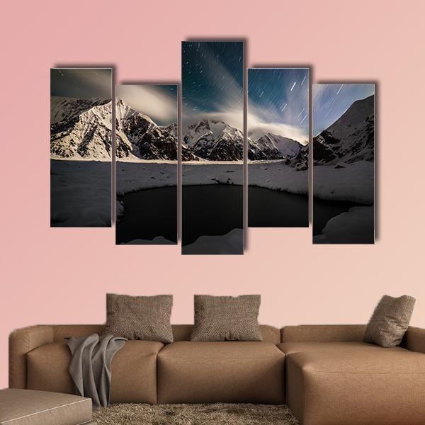Star Trails And Small Lake with Snow Peaks Canvas Wall Art-5 Pop-Gallery Wrap-47" x 32"-Tiaracle