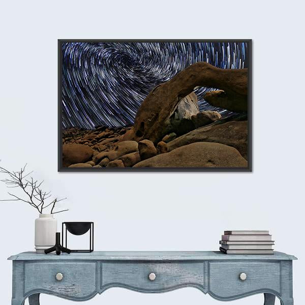 Star Trails In Joshua Tree National Park At The Arch Canvas Wall Art-1 Piece-Floating Frame-24" x 16"-Tiaracle