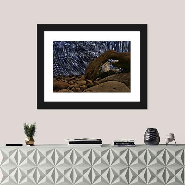 Star Trails In Joshua Tree National Park At The Arch Canvas Wall Art-1 Piece-Framed Print-20" x 16"-Tiaracle
