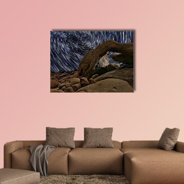 Joshua Tree Star Trails at the Arch Canvas Wall Art in black, brown and blue, single panel hung on a wall