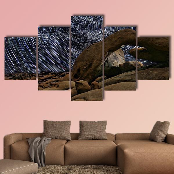 Star Trails In Joshua Tree National Park At The Arch Canvas Wall Art-5 Star-Gallery Wrap-62" x 32"-Tiaracle