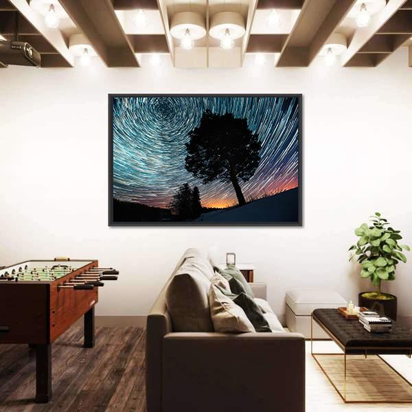 Star Trails And Pine Tree Canvas Wall Art-3 Horizontal-Gallery Wrap-25" x 16"-Tiaracle