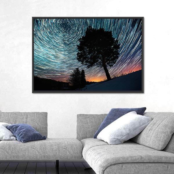 Star Trails And Pine Tree Canvas Wall Art-3 Horizontal-Gallery Wrap-25" x 16"-Tiaracle