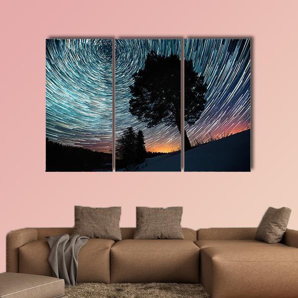 Star Trails And Pine Tree Canvas Wall Art-3 Horizontal-Gallery Wrap-37" x 24"-Tiaracle