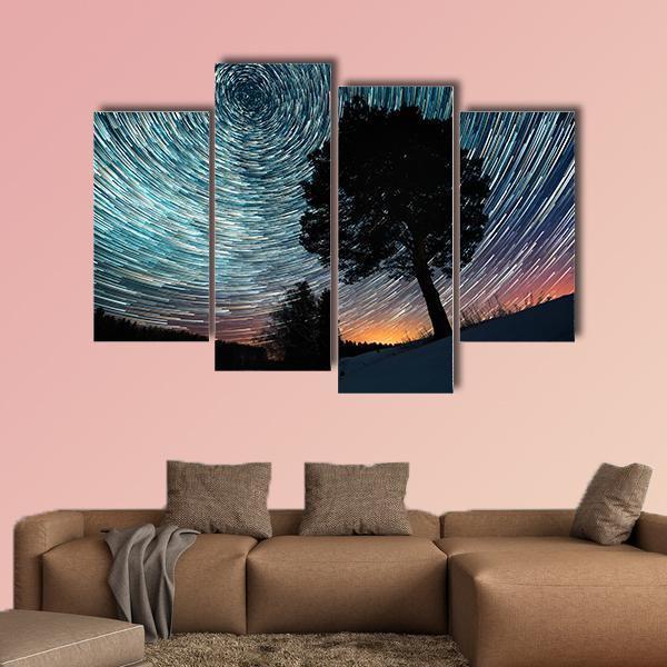 Star Trails And Pine Tree Canvas Wall Art-4 Pop-Gallery Wrap-50" x 32"-Tiaracle