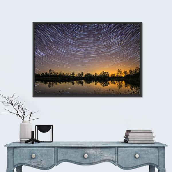 Star Trails With Reflection In Lake Canvas Wall Art-1 Piece-Floating Frame-24" x 16"-Tiaracle