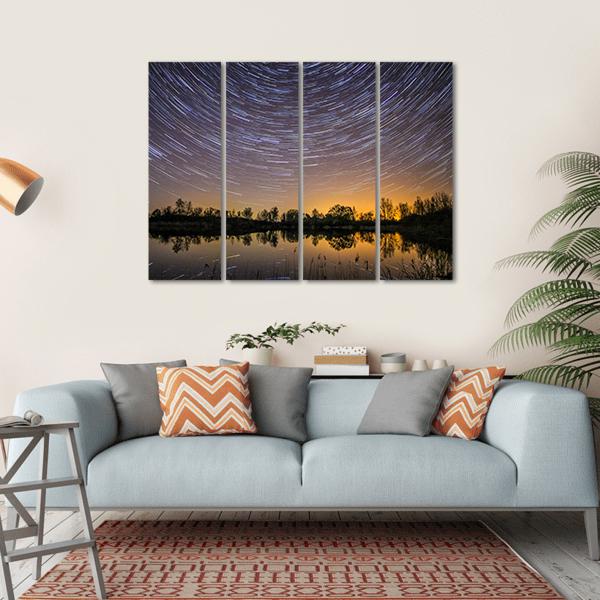 Star Trails With Reflection In Lake Canvas Wall Art-4 Horizontal-Gallery Wrap-34" x 24"-Tiaracle