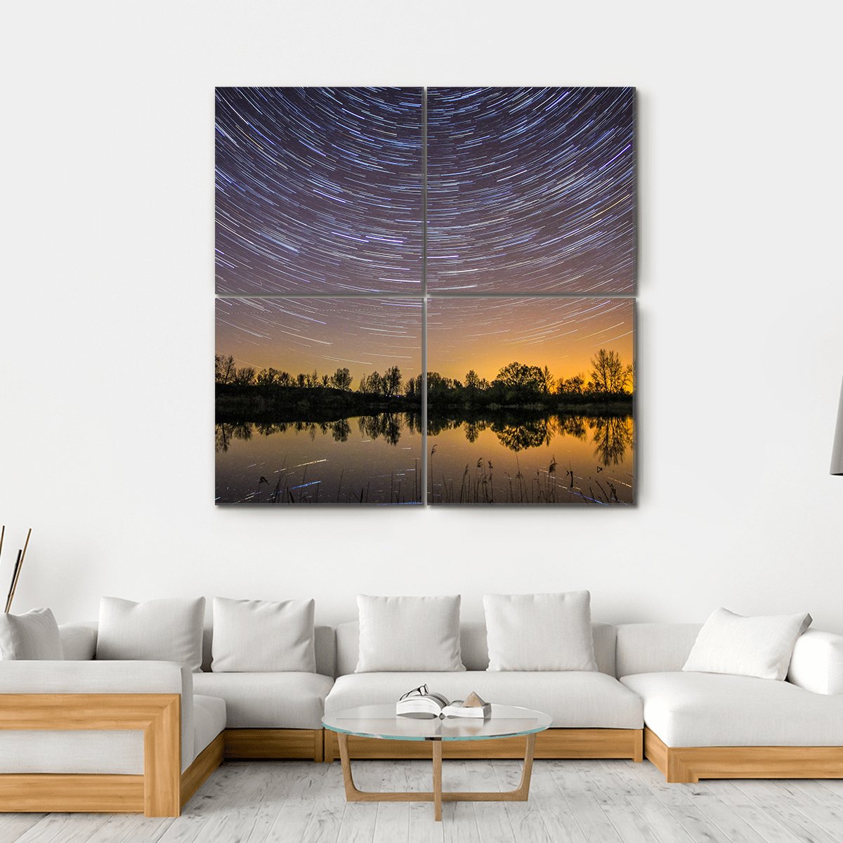 Star Trails With Reflection In Lake Canvas Wall Art-4 Square-Gallery Wrap-17" x 17"-Tiaracle