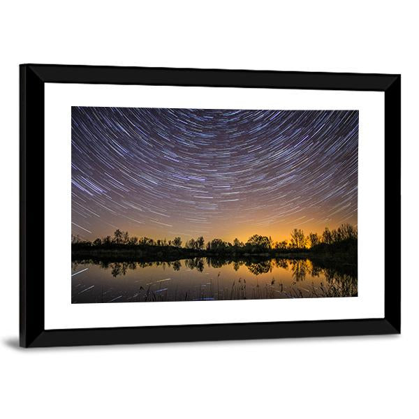 Star Trails With Reflection In Lake Canvas Wall Art-3 Horizontal-Gallery Wrap-25" x 16"-Tiaracle