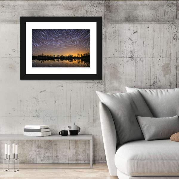 Star Trails With Reflection In Lake Canvas Wall Art-3 Horizontal-Gallery Wrap-25" x 16"-Tiaracle