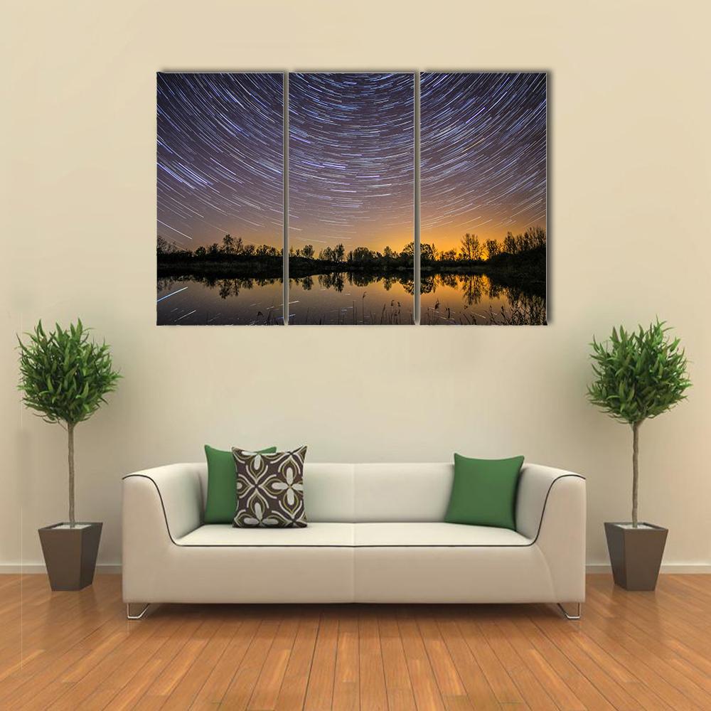 Star Trails With Reflection In Lake Canvas Wall Art-3 Horizontal-Gallery Wrap-37" x 24"-Tiaracle