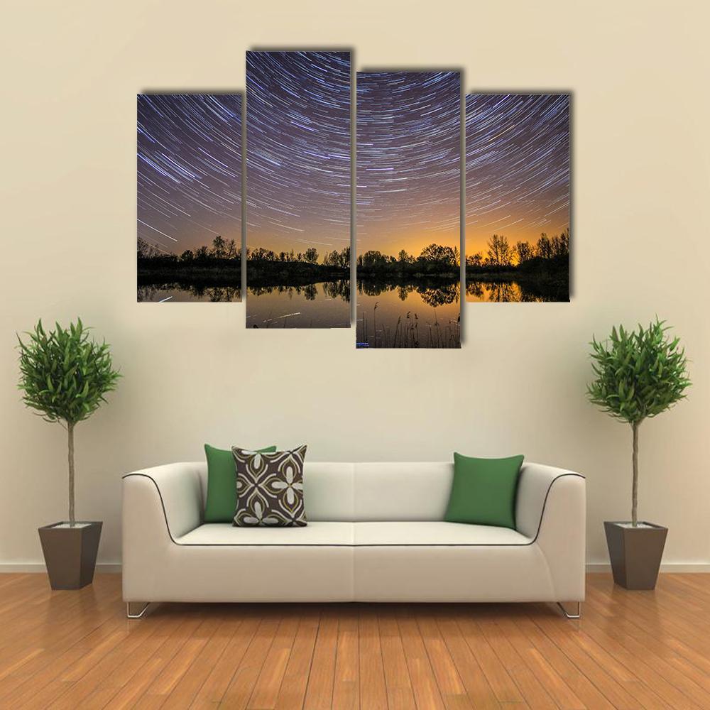 Star Trails With Reflection In Lake Canvas Wall Art-4 Pop-Gallery Wrap-50" x 32"-Tiaracle